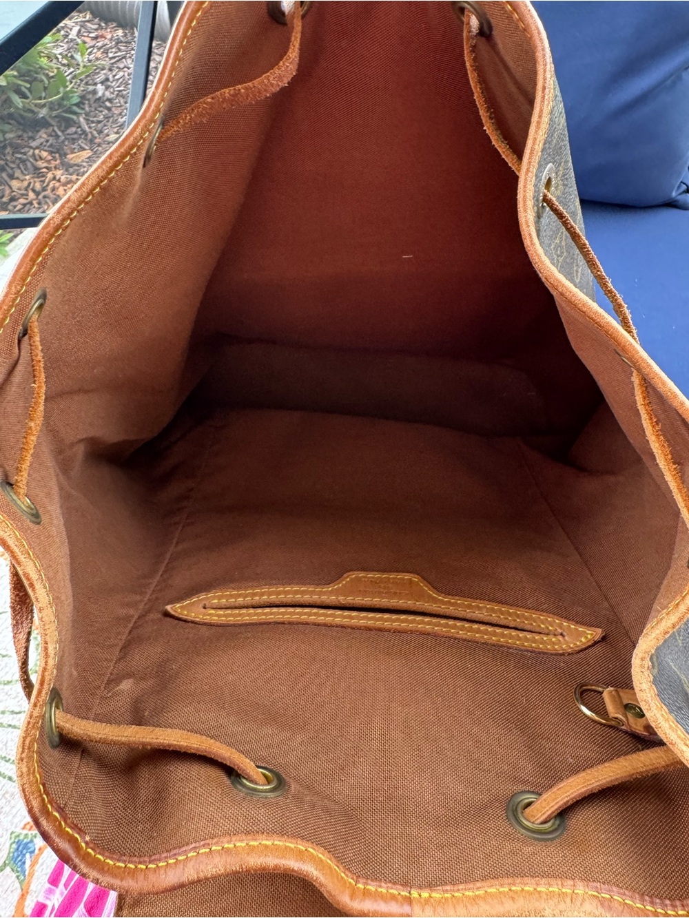 Louis Vuitton Brown Monogram Canvas Drawstring Backpack with Tan Leather Trim - Picture 10 of 12